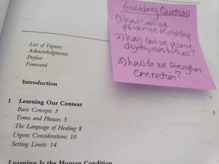 Image is a clip from "Building a Trauma-Responsive Educational Practice" and shows partial table of contents that includes Introduction, and sections of Chapter 1: Basic Concepts, Terms and Phrases, The Language of Healing, Urgent Considerations, and Setting Limits.